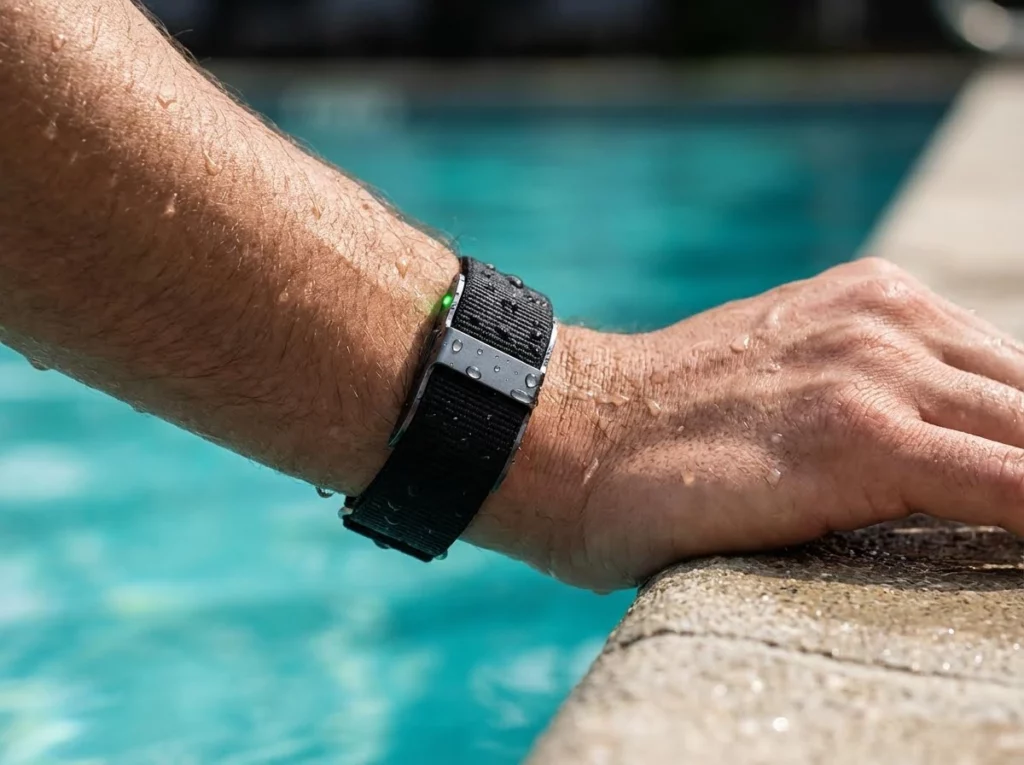 JC Vital Gen1 usada no pulso ao lado de uma piscina